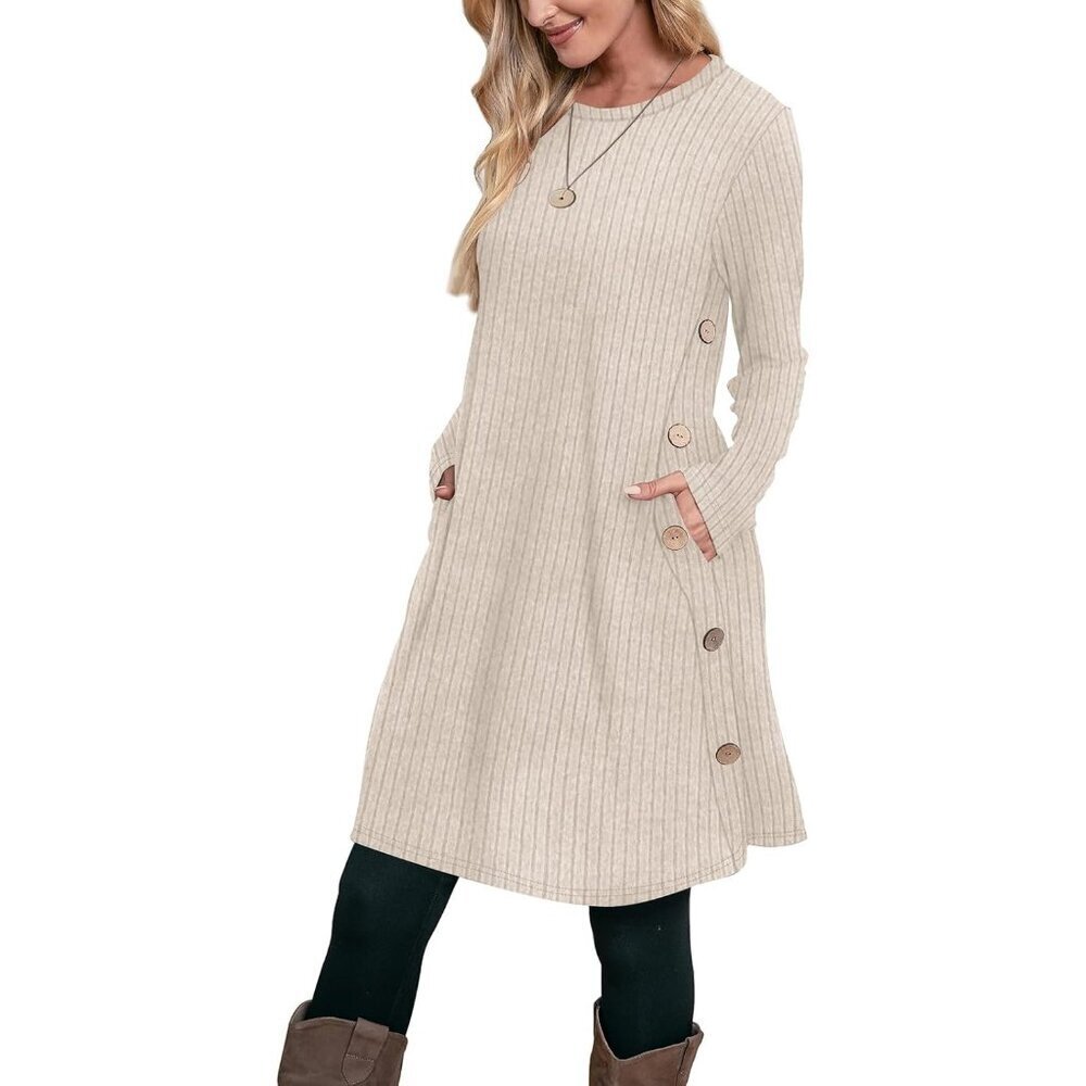 Ofeefan Women's Ribbed Apricot Crew Neck Long Sleeve Winter Tunic Dress